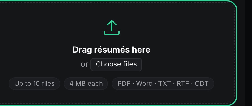 The upload tray: drag résumés here, up to 10 files, 4 MB each, in PDF, Word, text, RTF or ODT.